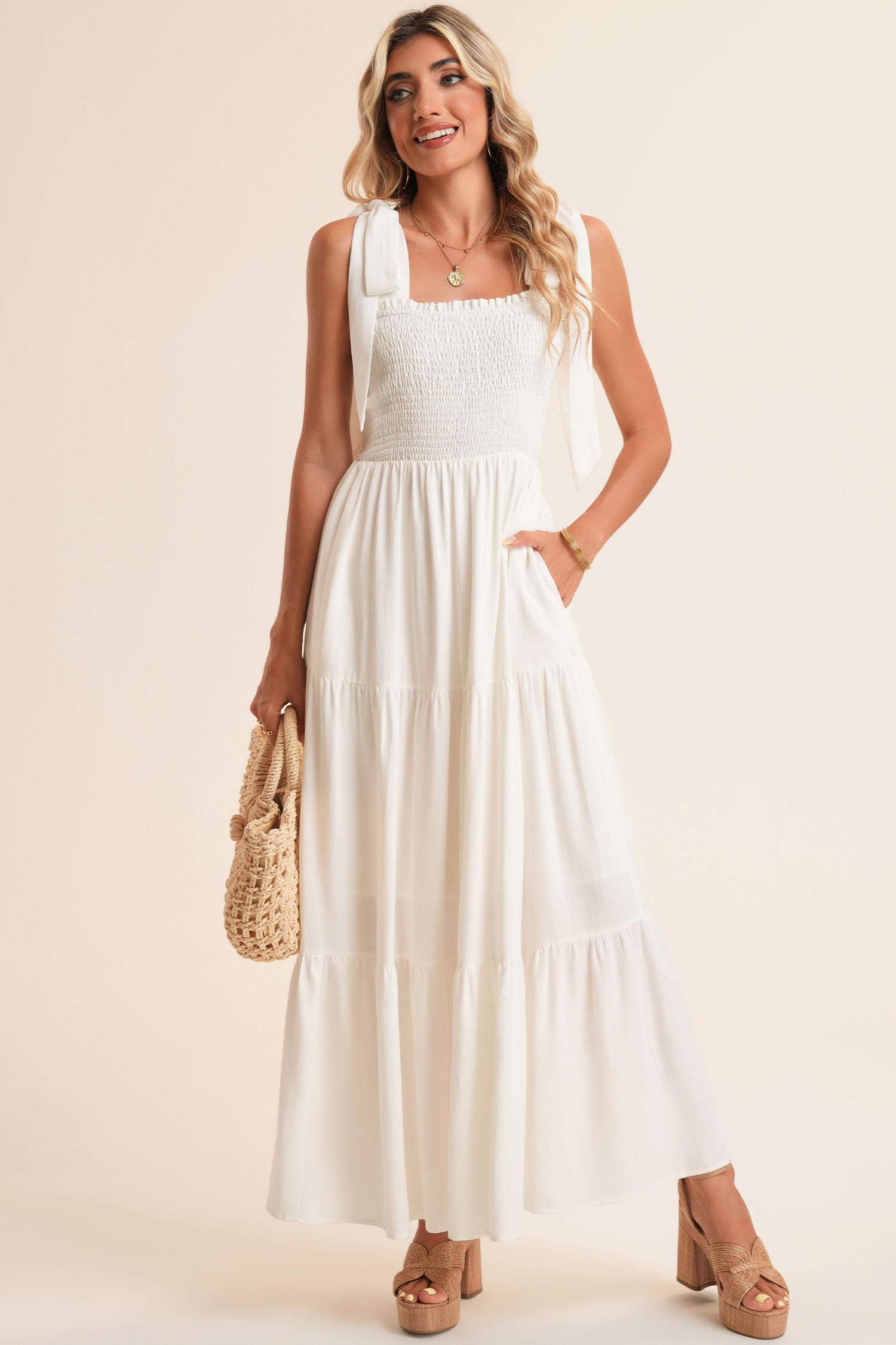 White Customizable Knot Straps Smocked Bodice Tiered Blank Maxi Dress - loveforevers