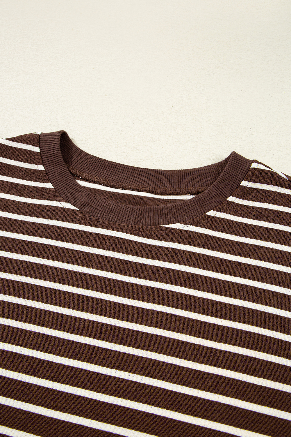 Brown Stripe Ribbed Cropped Crew Neck Long Sleeve T Shirt - loveforevers