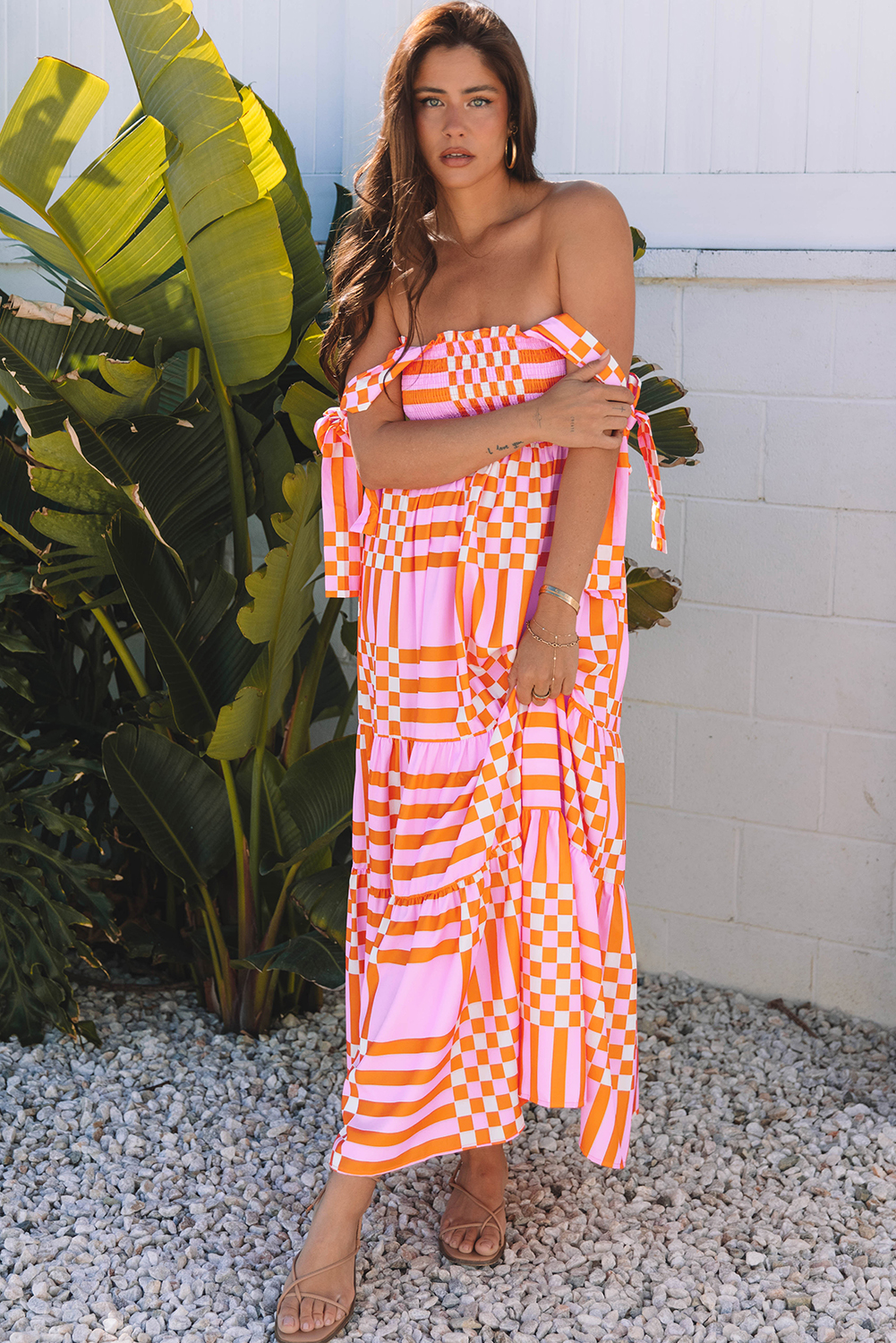 Pink Boho Gingham Tied Straps Smocked Maxi Dress - loveforevers