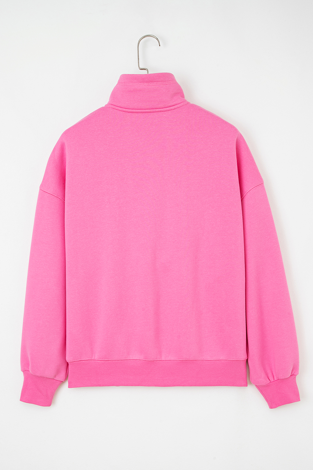 Bright Pink Half Button Stand Neck Drop Shoulder Sweatshirt - loveforevers