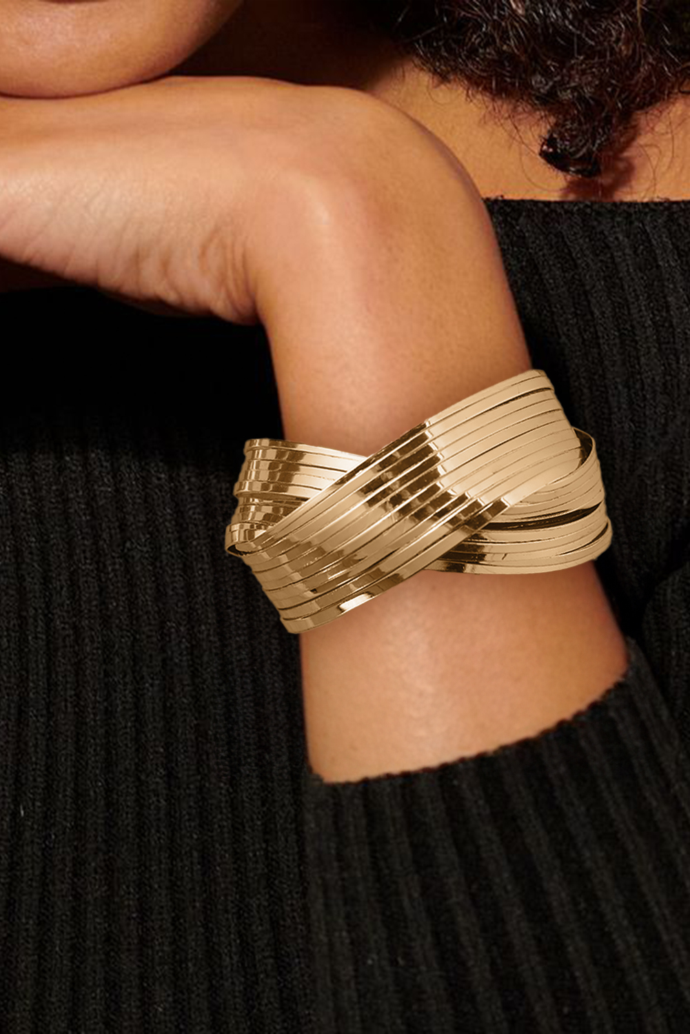 Gold Textured Crossover Metal Cuff Bracelet - loveforevers