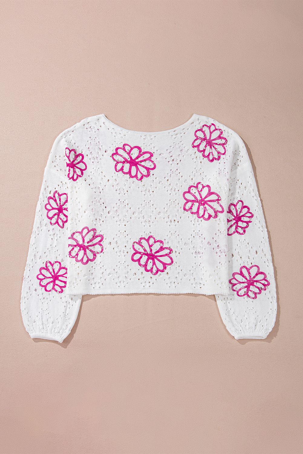 Beige Contrast Flower Print Eyelet Drop Shoulder Sweater - loveforevers