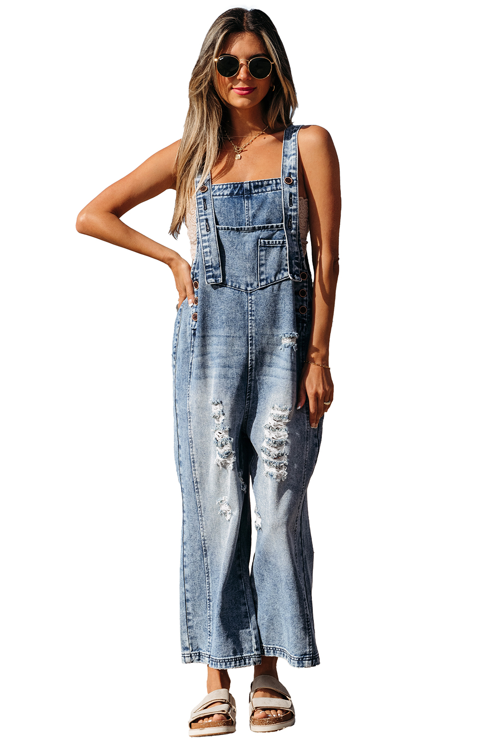 Stone Blue Distressed Bib Pocket Wide Leg Denim Overall - loveforevers
