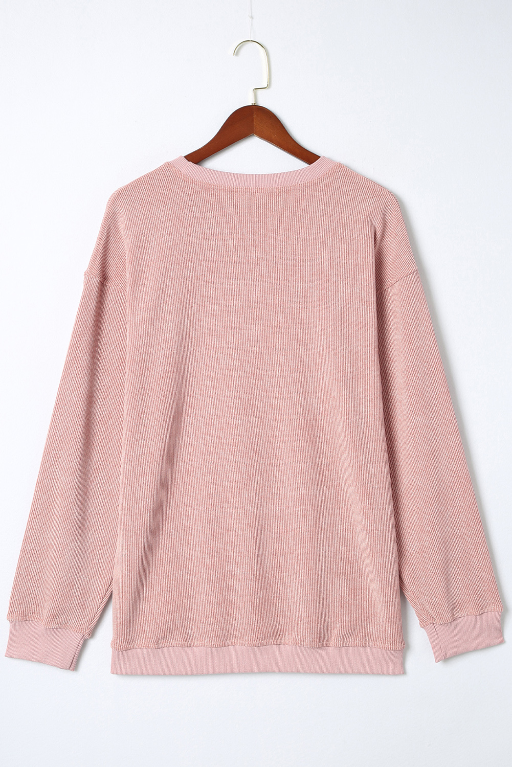 Pink Solid Ribbed Knit Round Neck Pullover Sweatshirt - loveforevers
