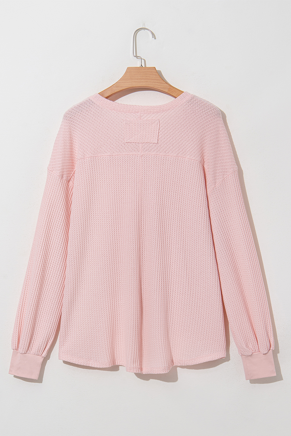 Light Pink Waffle V Neck Long Sleeve Drop Shoulder Loose Blouse - loveforevers