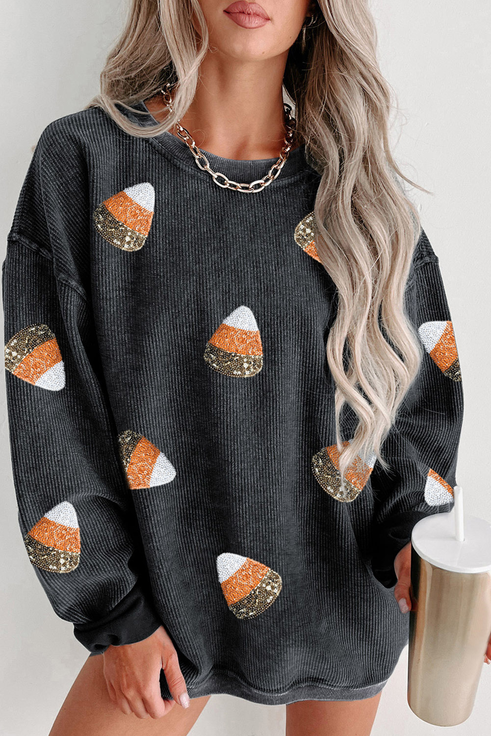 Black Sequin Candy Corn Patched Corded Halloween Sweatshirt - loveforevers