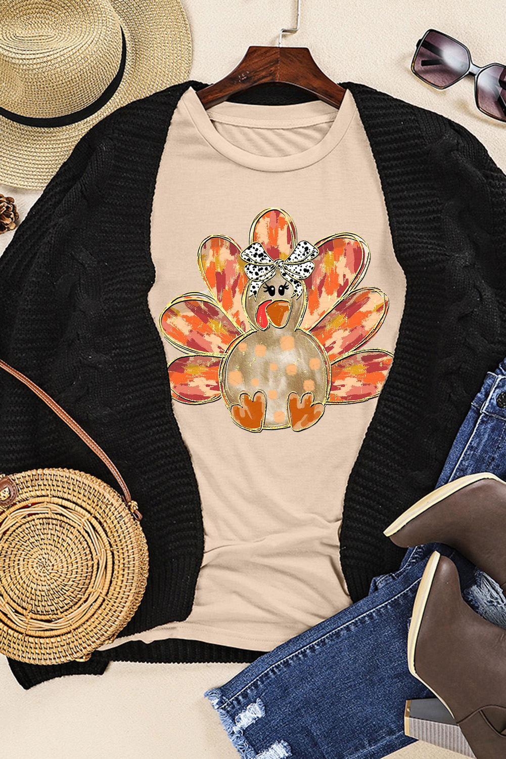 Khaki Thanksgiving Bowknot Turkey Graphic Crewneck Tee - loveforevers