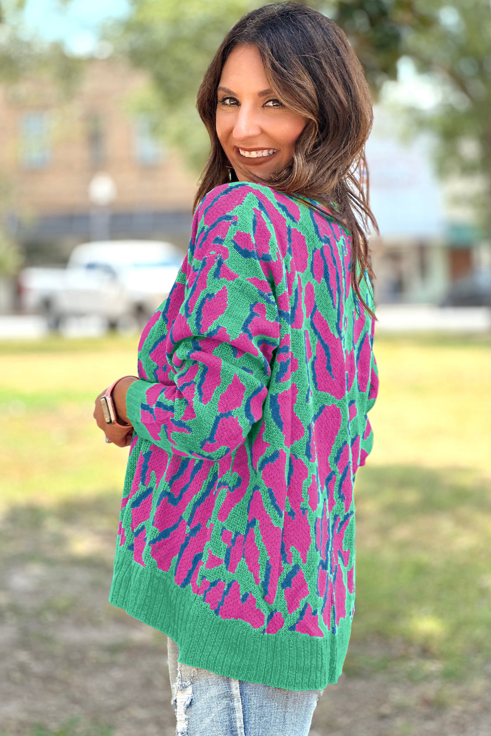 Green Abstract Print Ribbed Trim Baggy Sweater - loveforevers