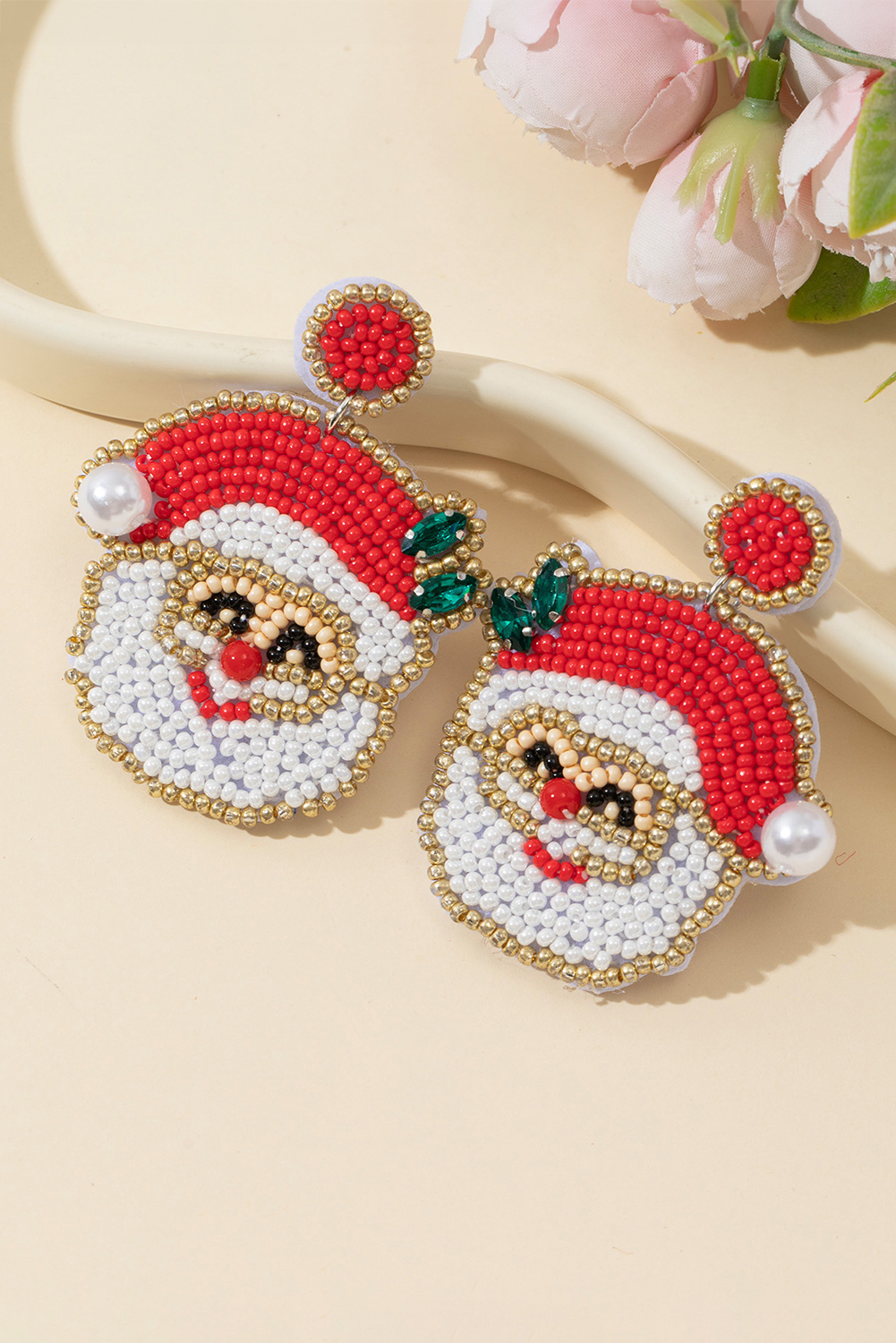 Gold Pearl Gemstone Embellished Beading Santa Claus Earrings - loveforevers