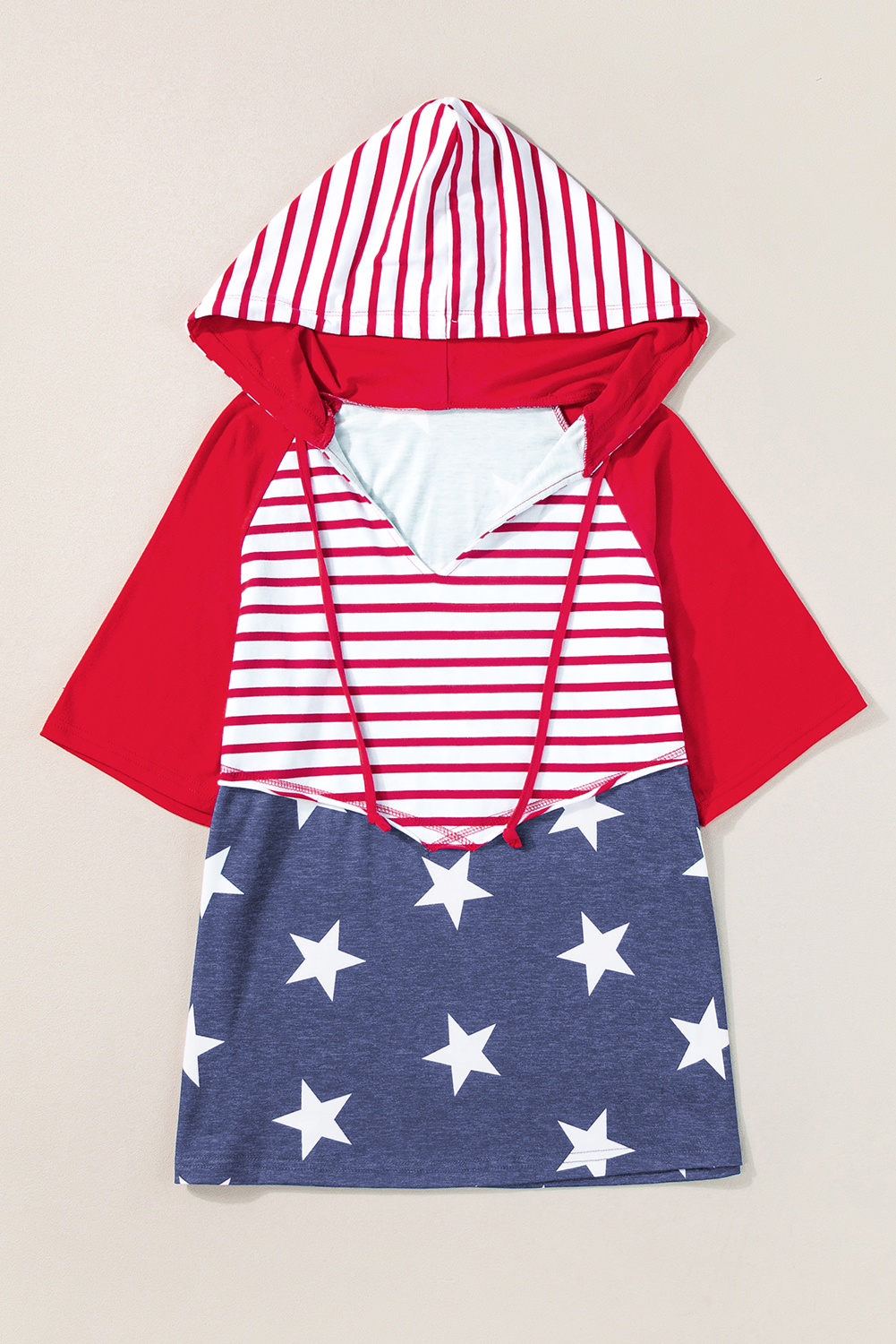 Fiery Red Stars and Stripes Print Drawstring Hooded T Shirt - loveforevers