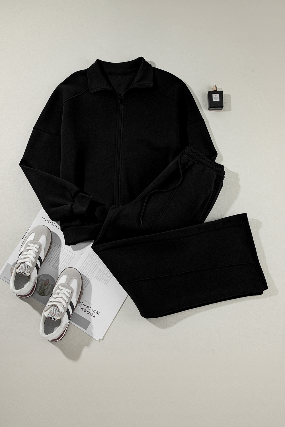 Navy Blue Drop Shoulder Zip Up Jacket Drawstring Pants Active 2pcs Set - loveforevers