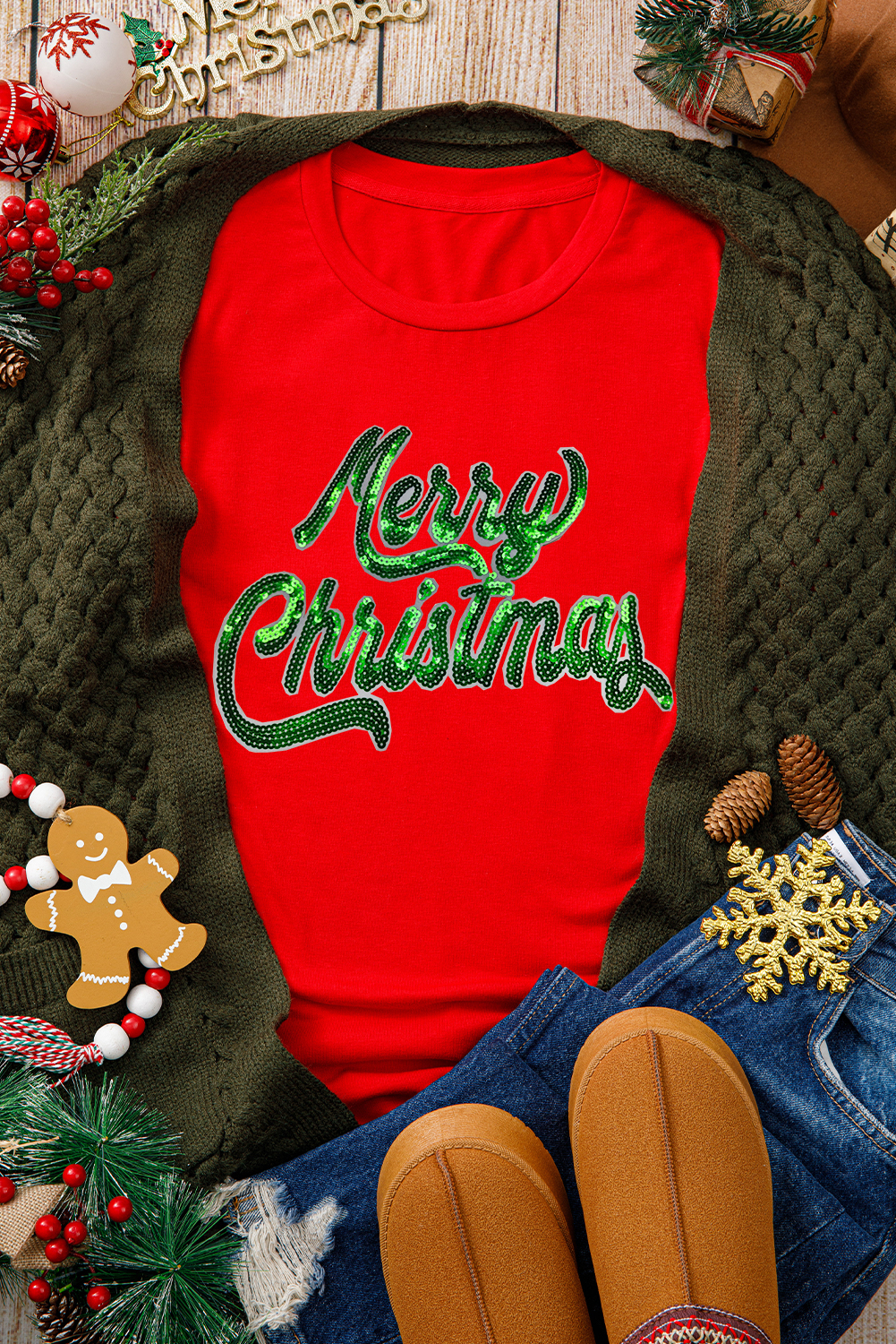 Red Merry Christmas Graphic Crewneck T Shirt - loveforevers