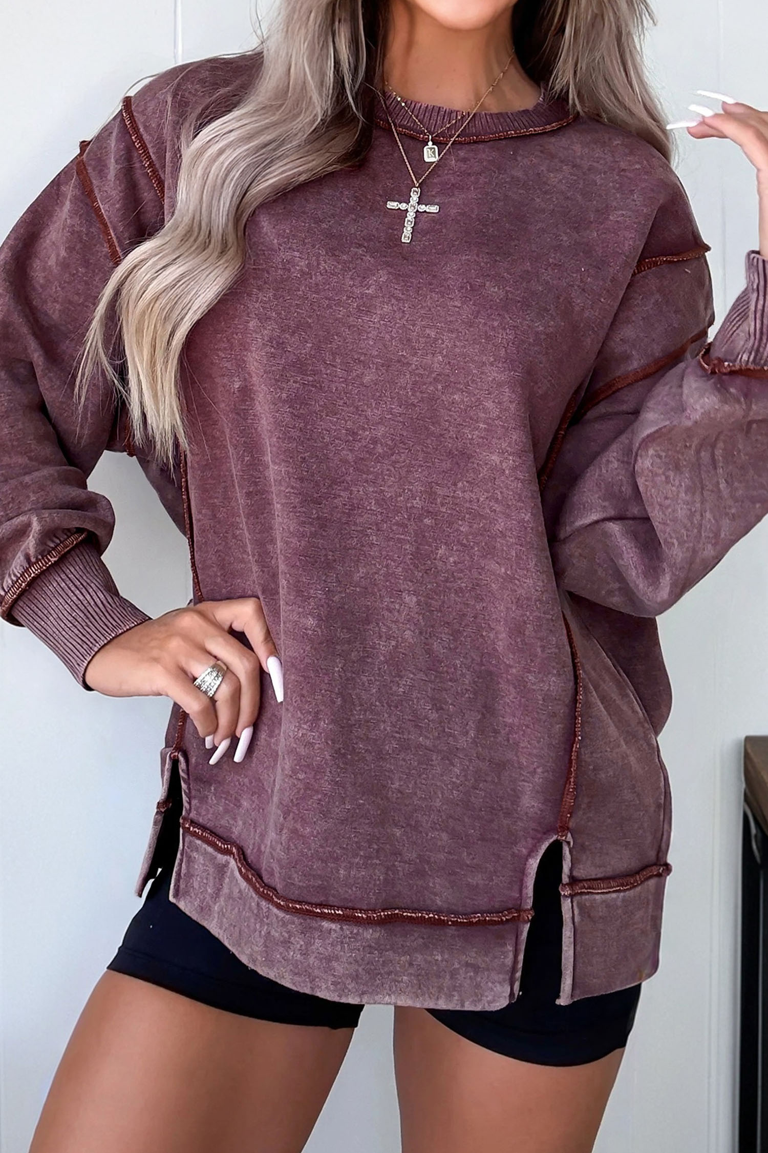 Valerian Mineral Wash Exposed Seam Side Slit Sweatshirt - loveforevers