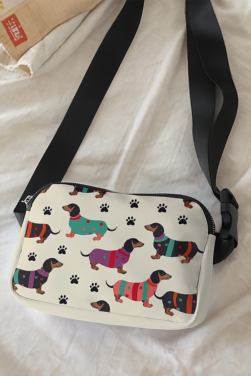 White Dachshund Walking Footprint Crossbody Bag - loveforevers