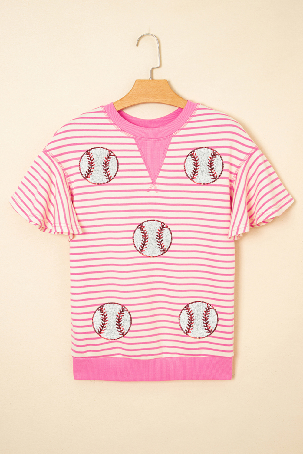 Sachet Pink Sequin Baseball Pattern Striped Ruffle Sleeve Round Neck Knit Top - loveforevers