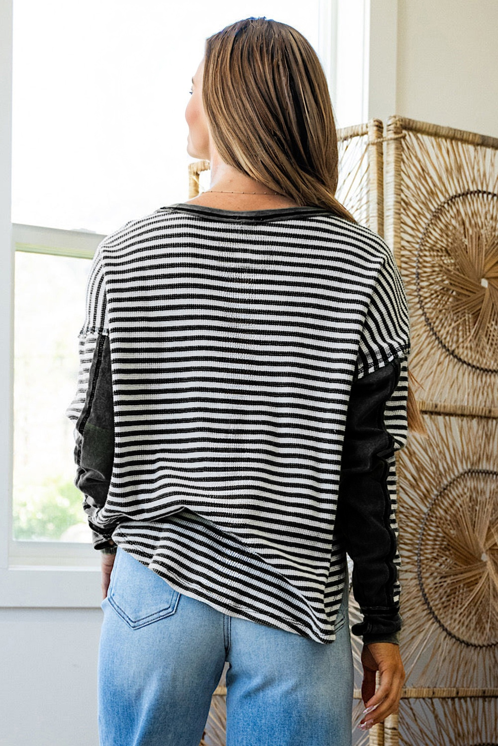 Dearlovers Green Stripe Thermal Knit Drop Shoulder Casual Top - loveforevers