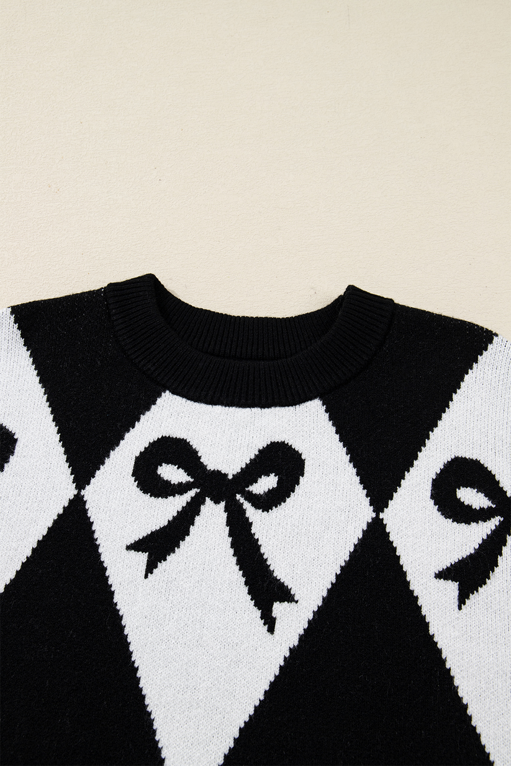 Black Bow Print 2-tone Rhombus Knit Loose Sweater - loveforevers
