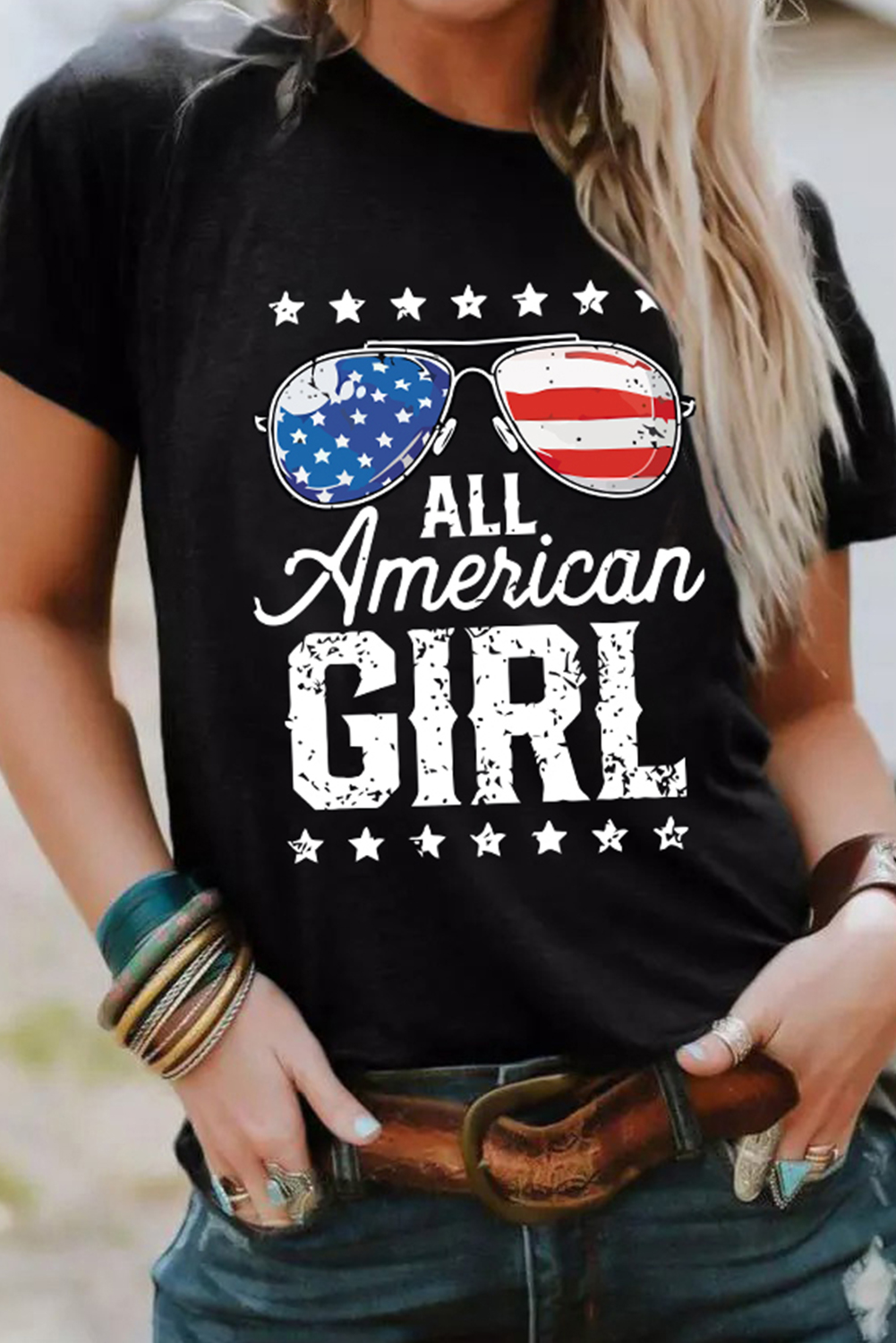 Black Stars and Stripes Glasses Slogan Graphic T Shirt - loveforevers