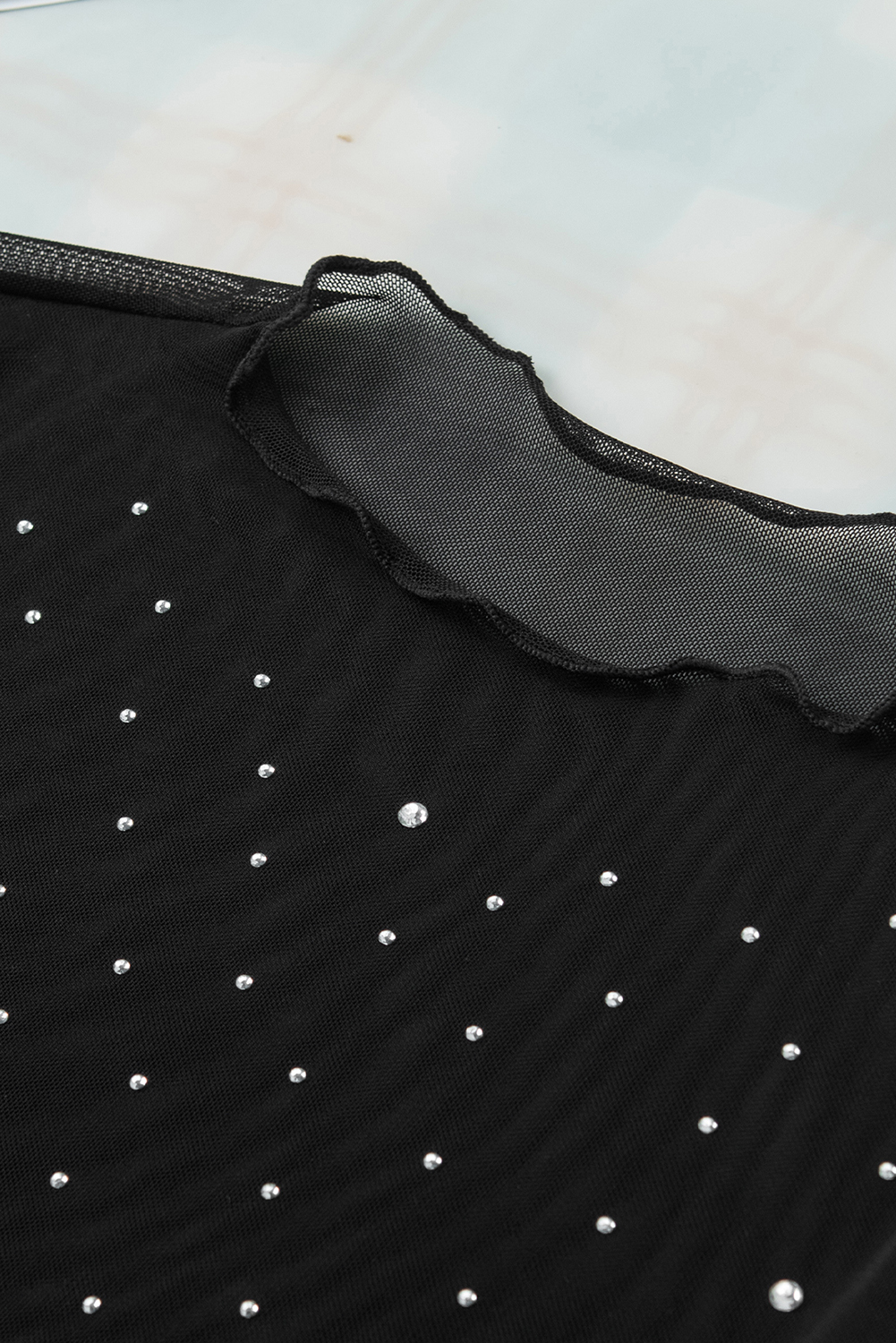 Black Rhinestone Sheer Mesh Slim Fit Long Sleeve Top - loveforevers