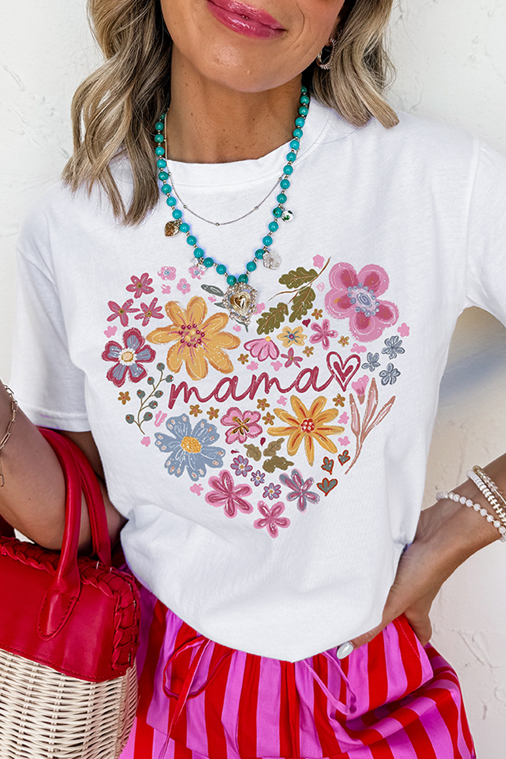 White MAMA Flower Heart Cotton Blend Graphic Tee - loveforevers