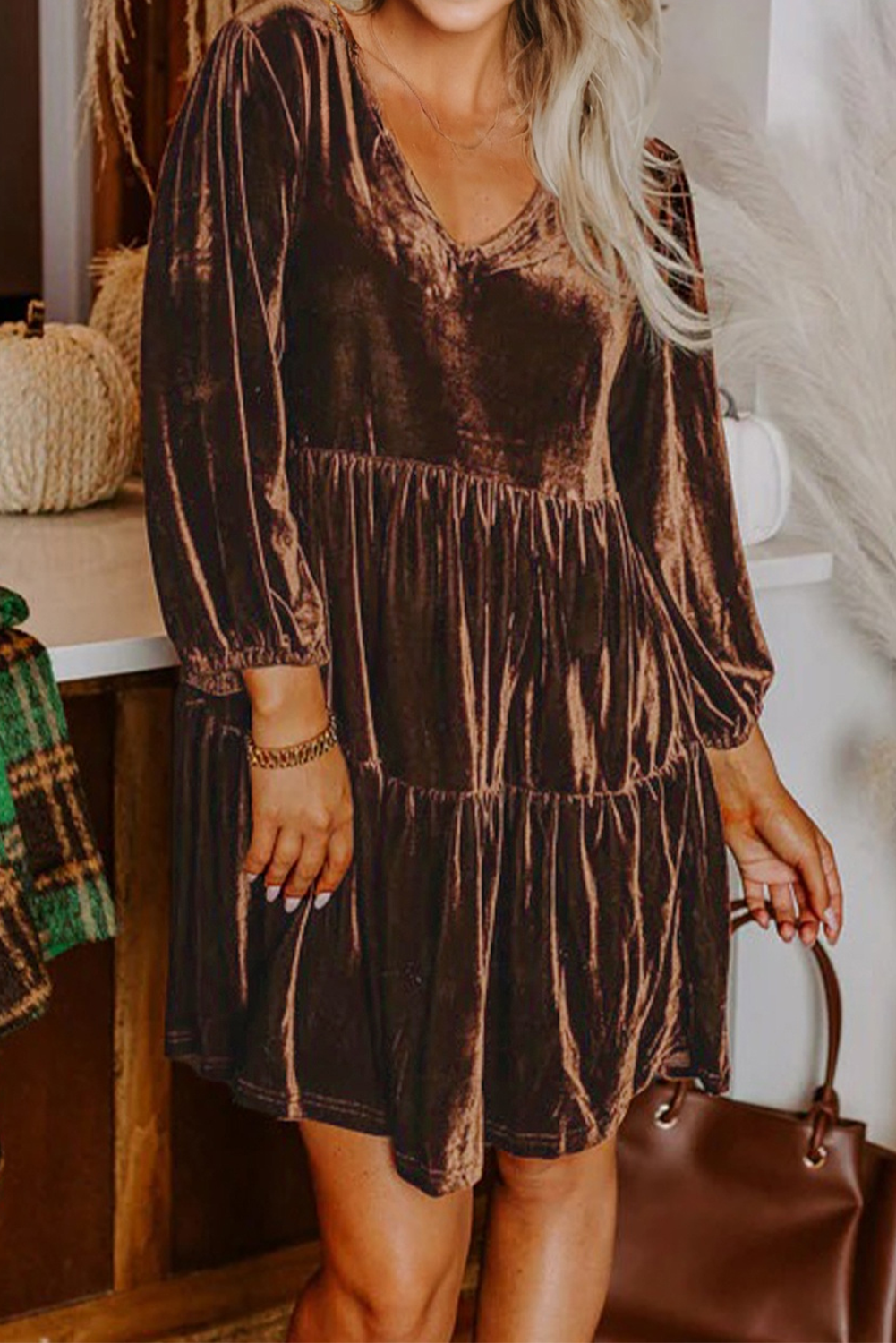 Chicory Coffee Solid Color Velvet V Neck Long Sleeve Tiered Mini Dress - loveforevers