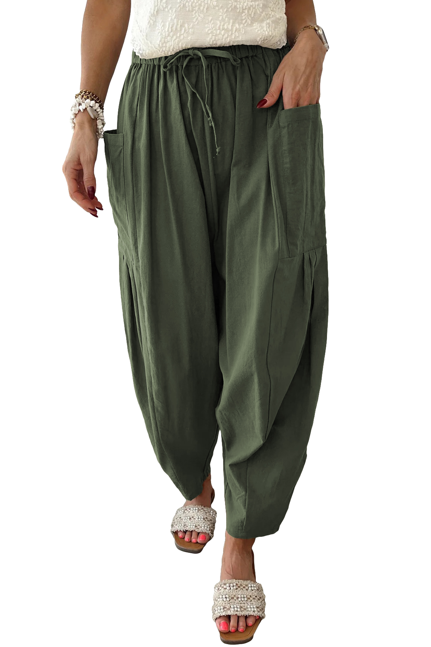 Black Drawstring Elastic Waist Patch Pocket Barrel Leg Casual Pants - loveforevers