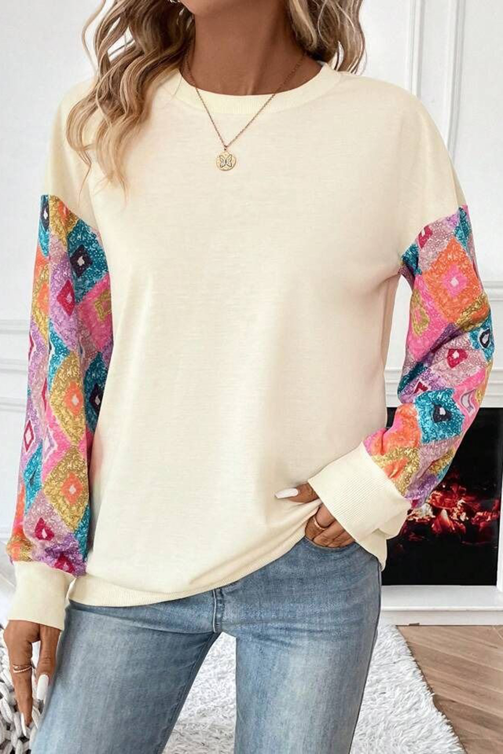Apricot Geometric Printed Patchwork Long Sleeve Round Neck Top - loveforevers
