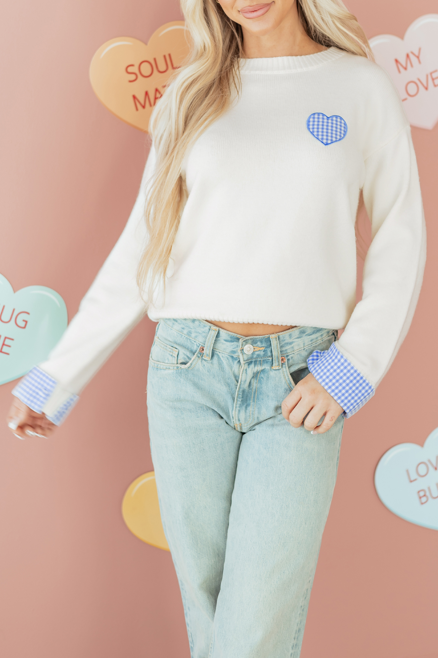 Light Pink Plaid Heart Embroidered Cuffed Drop Shoulder Crew Neck Sweater - loveforevers