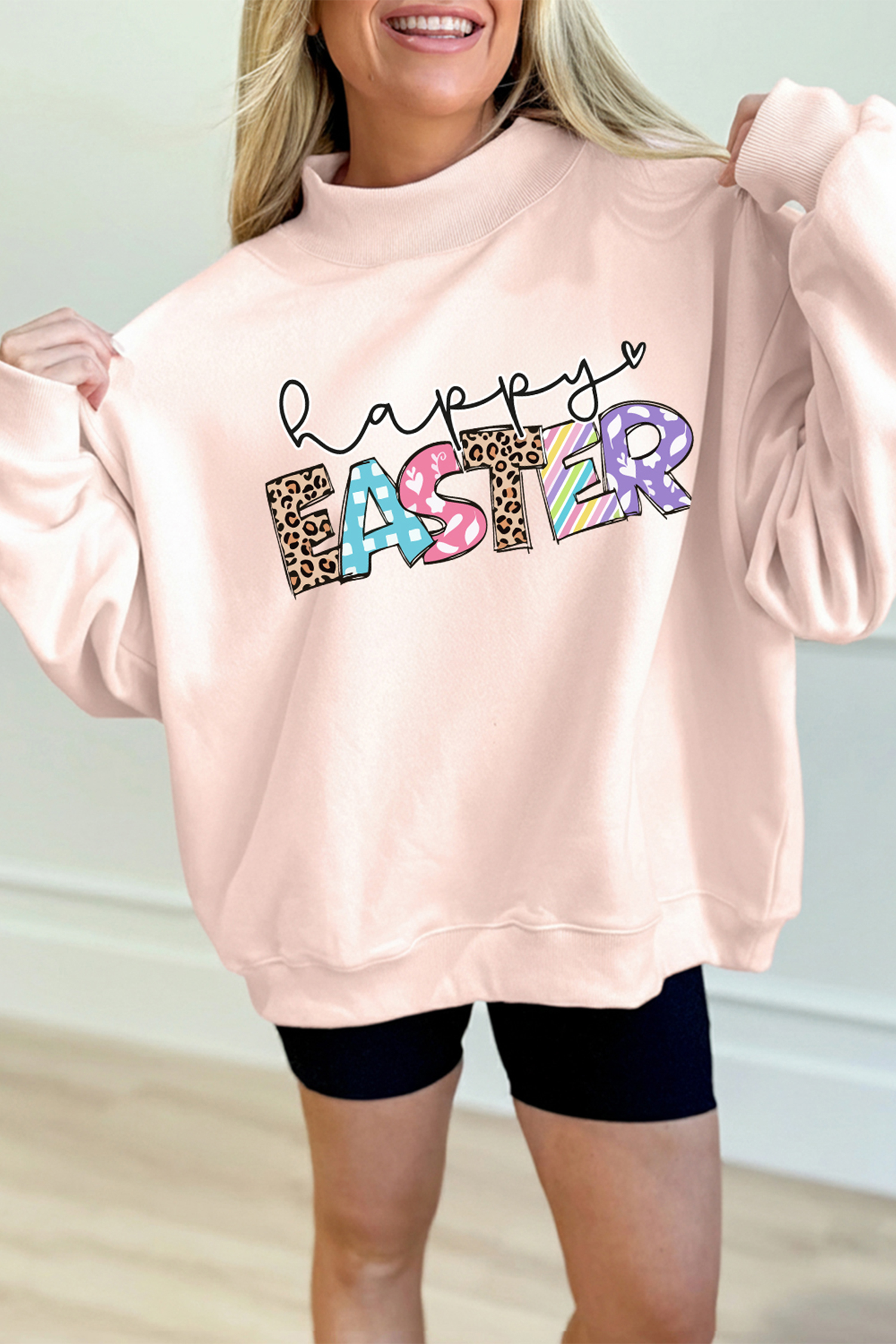 Apricot Pink Happy Easter Playful Letter Printed Sweatshirt - loveforevers