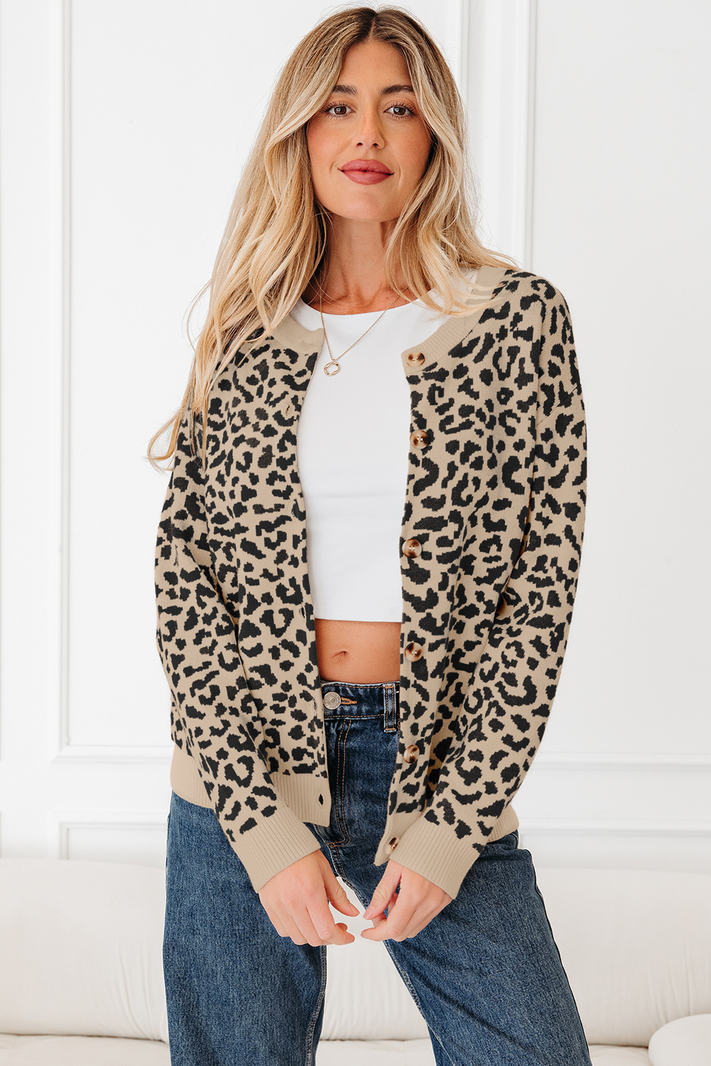 Black Leopard Drop Shoulder Chunky Knitted Cardigan Sweater - loveforevers