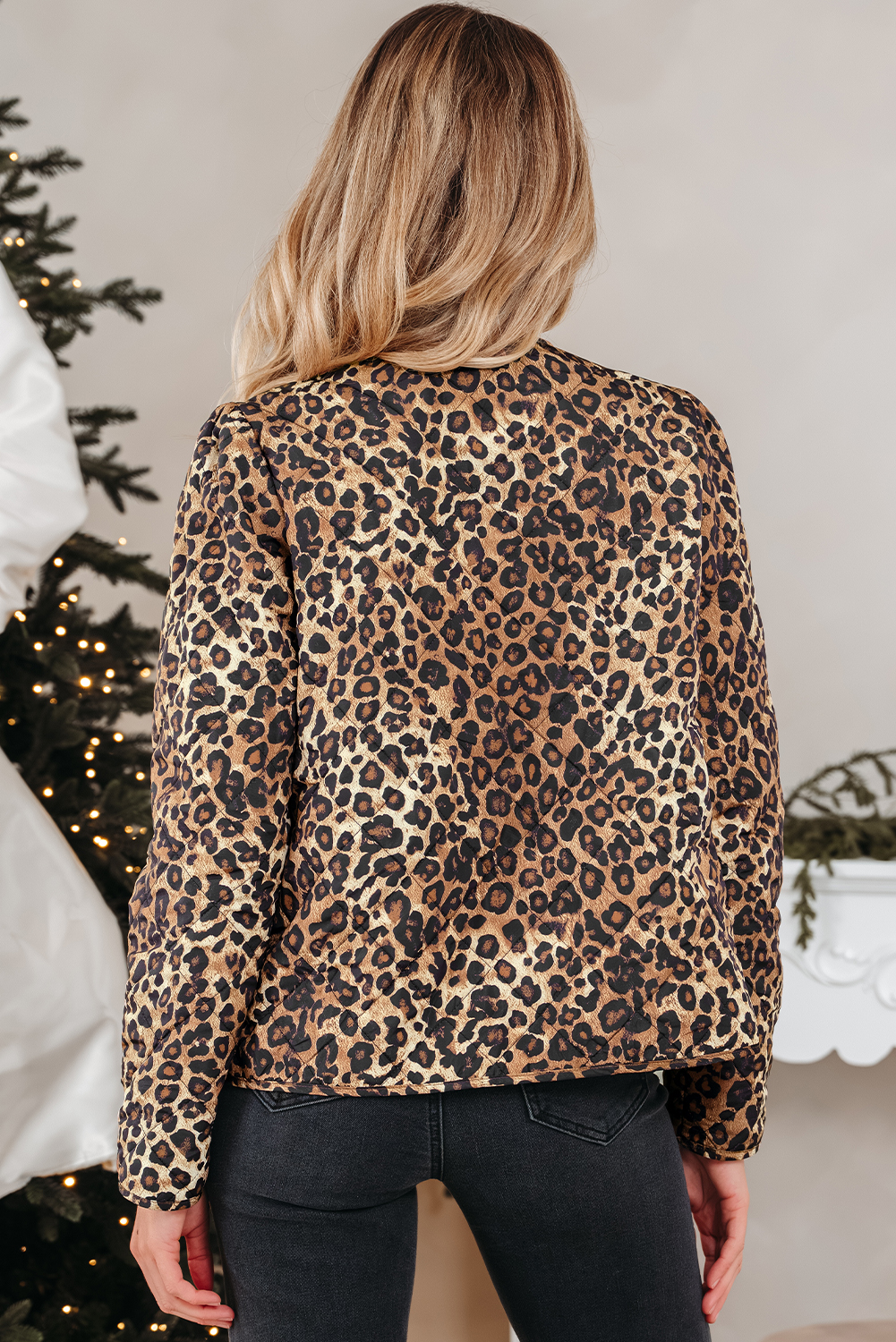 Khaki Leopard Quilted Tie Front Jacket - loveforevers