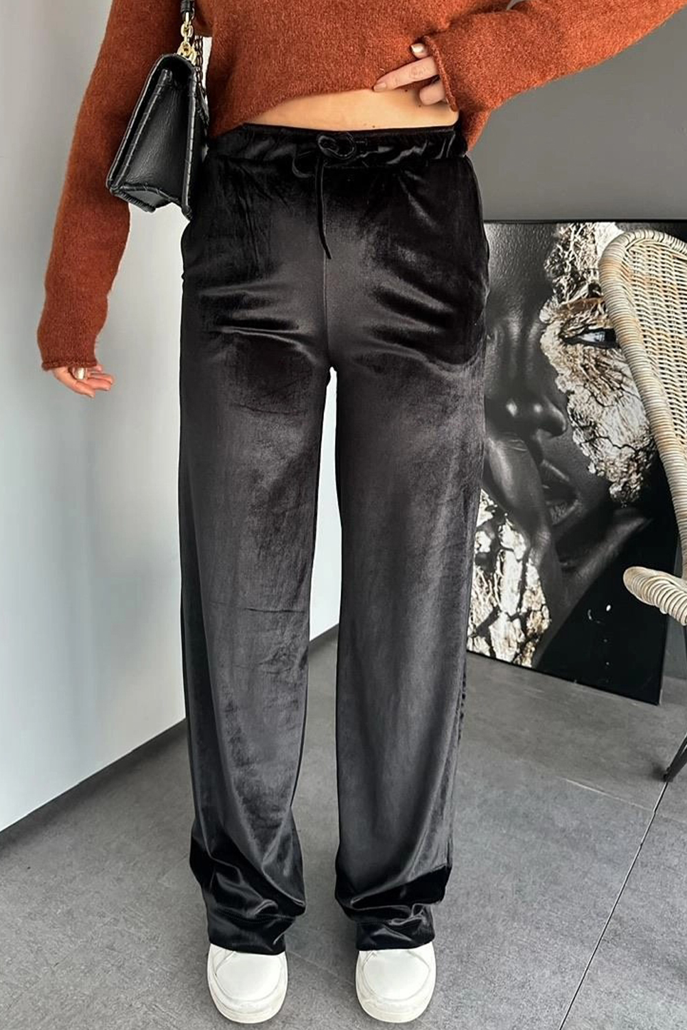 Black Shiny Velvet Drawstring High Waist Straight Leg Casual Pants - loveforevers