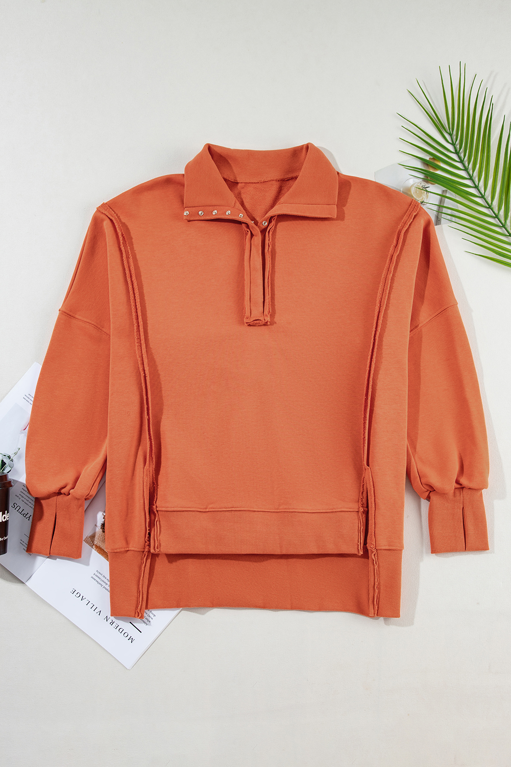 White Buttoned Collared Raw Detail High Low Baggy Sweatshirt with Slits - loveforevers