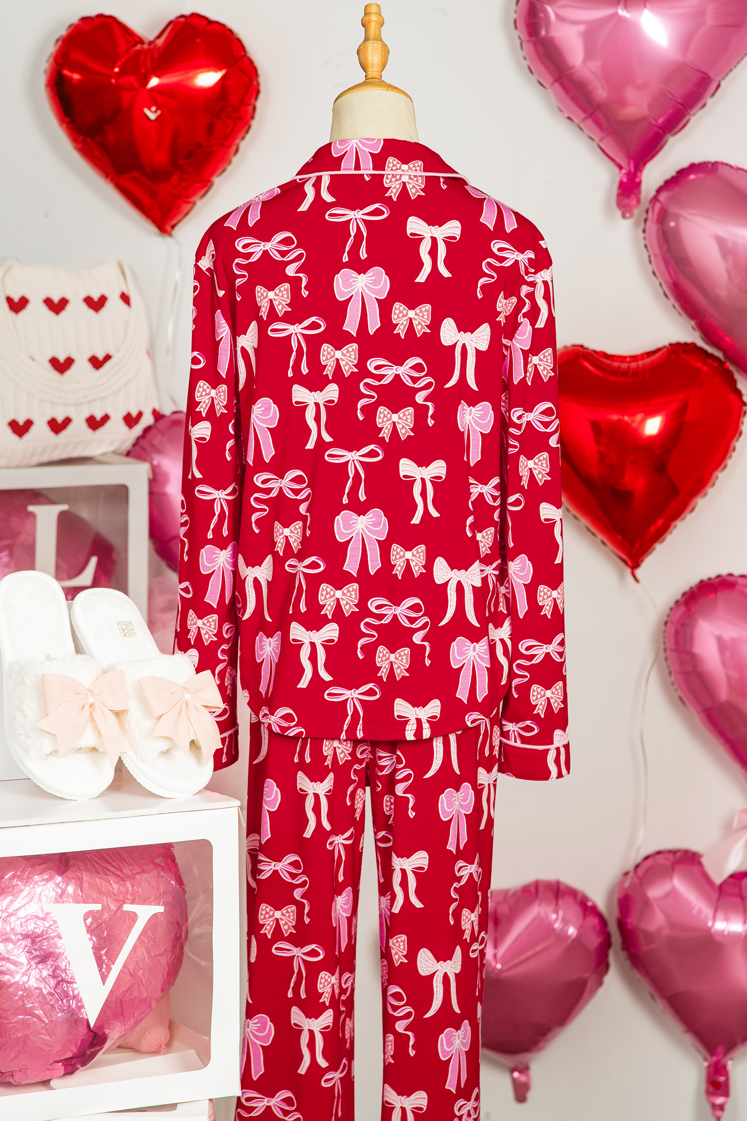 Red Sweet Bow Print Shirt Style Top Long 2pcs Pajama Set - loveforevers