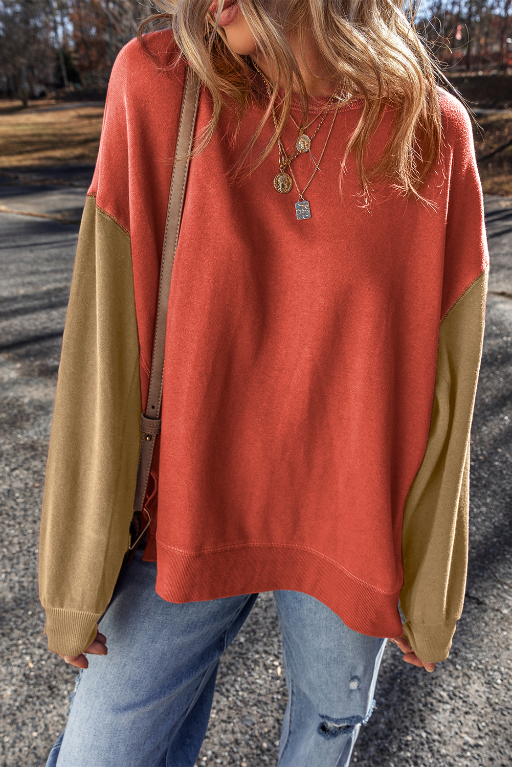 Gold Flame Two Tone Patchwork Drop Shoulder Pullover Sweatshirt - loveforevers
