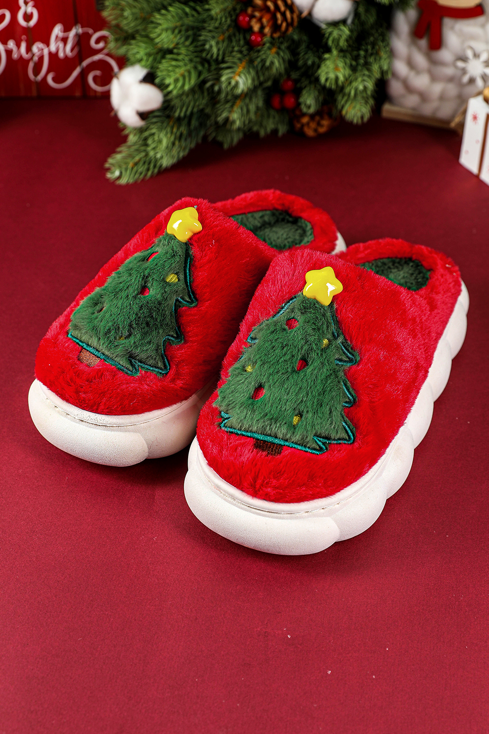 Fiery Red Christmas Tree Graphic Thick Sole Plush Slippers - loveforevers