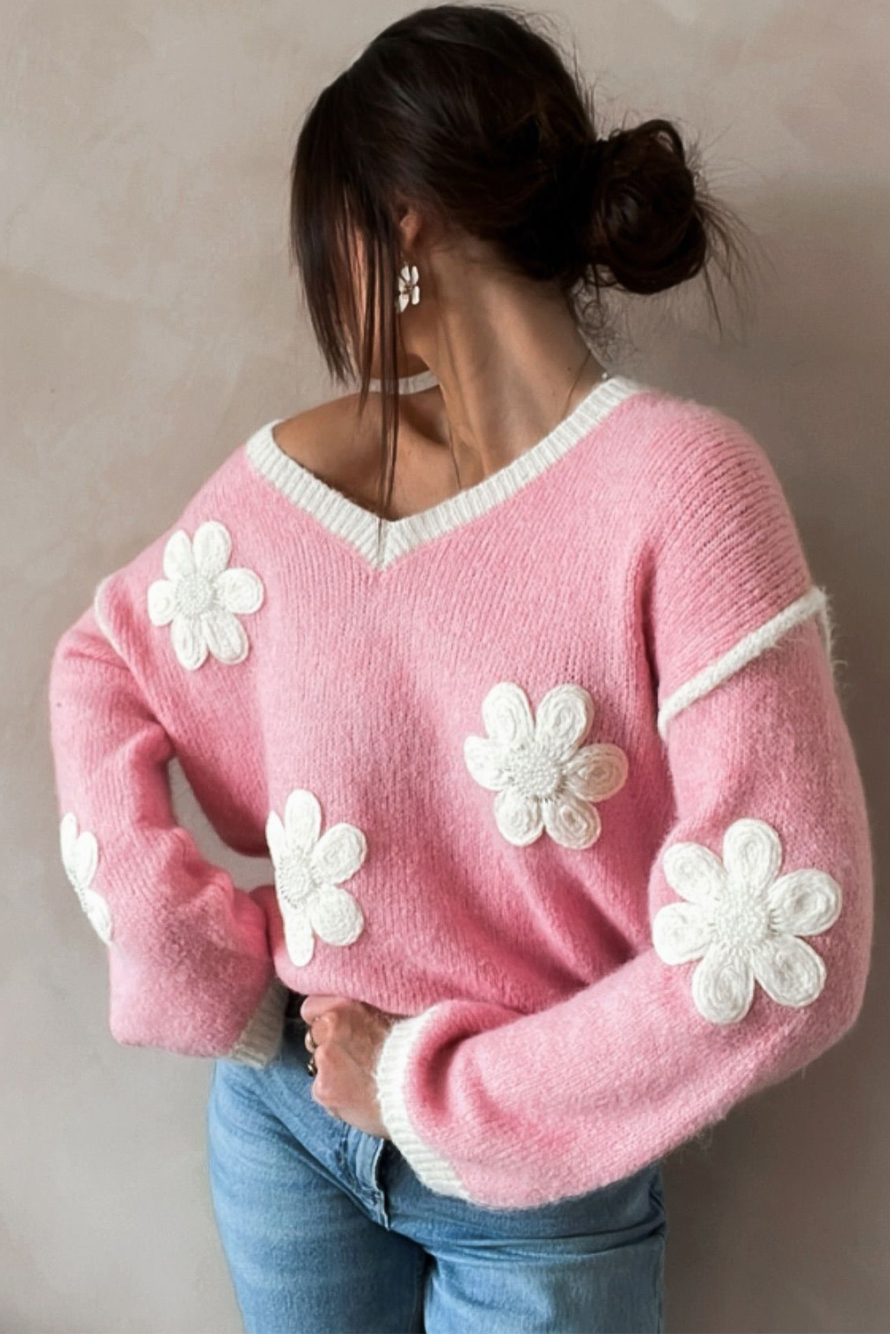 Pink Flower V Neck Dropped Shoulder Sweater - loveforevers