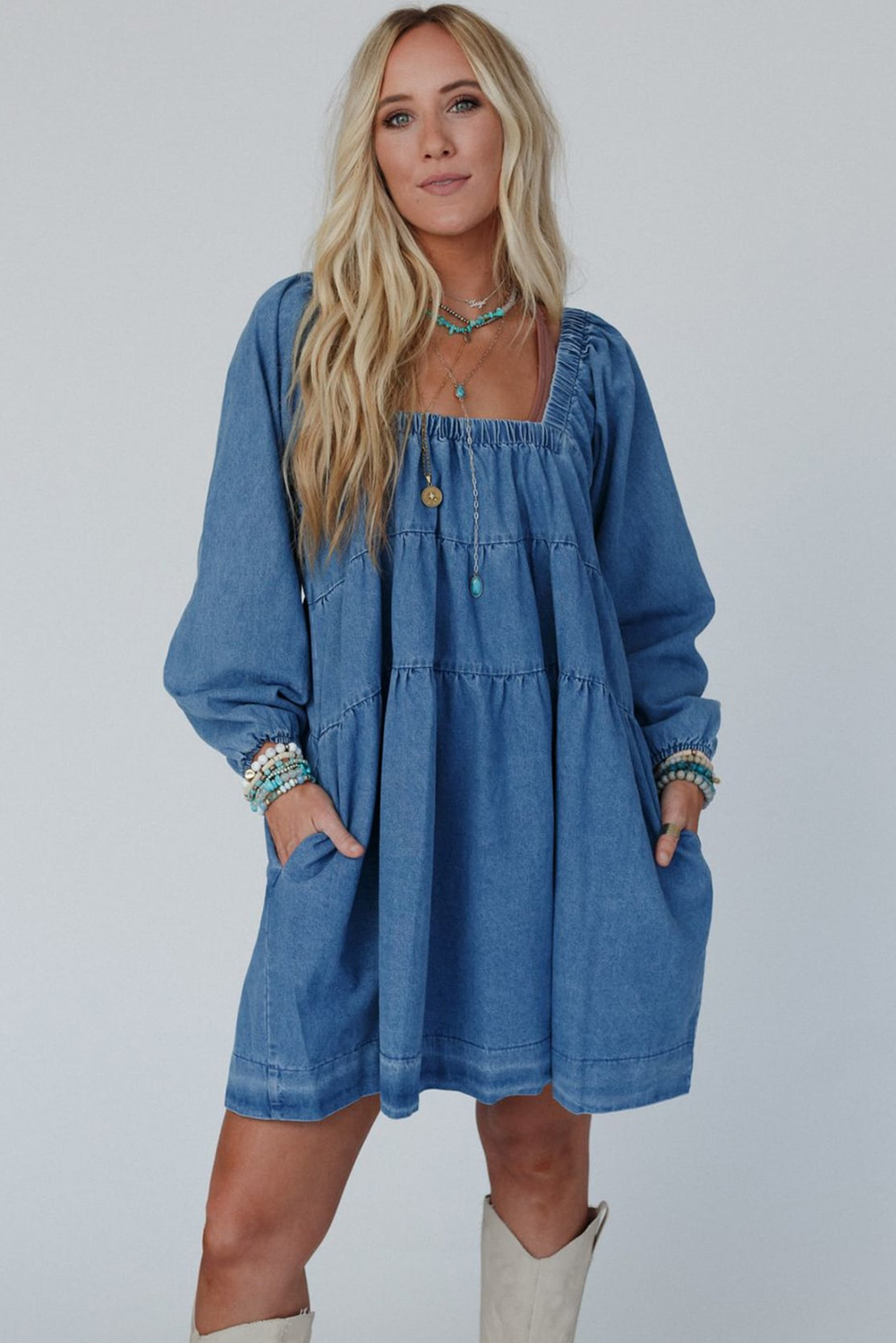 Dusk Blue Square Neck Side Pockets Loose Fit Denim Mini Dress - loveforevers