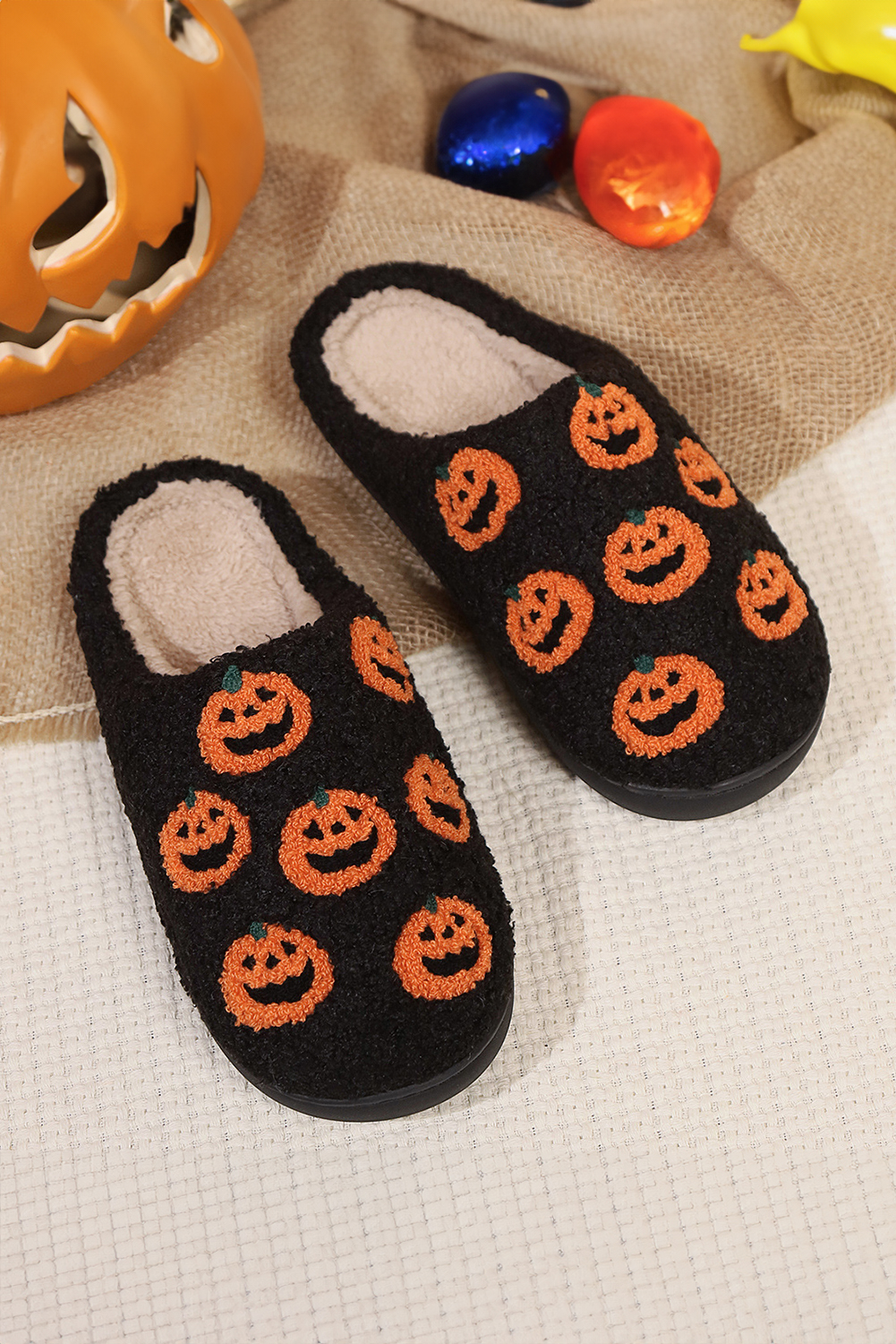 Black Halloween Pumpkin Plush Home Slippers - loveforevers