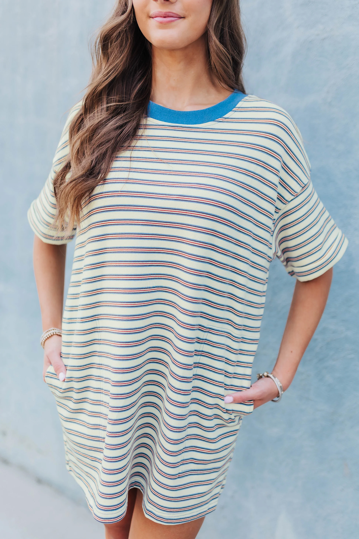White Stripe Drop Shoulder Cuffed Sleeve Loose Tunic T Shirt Mini Dress - loveforevers