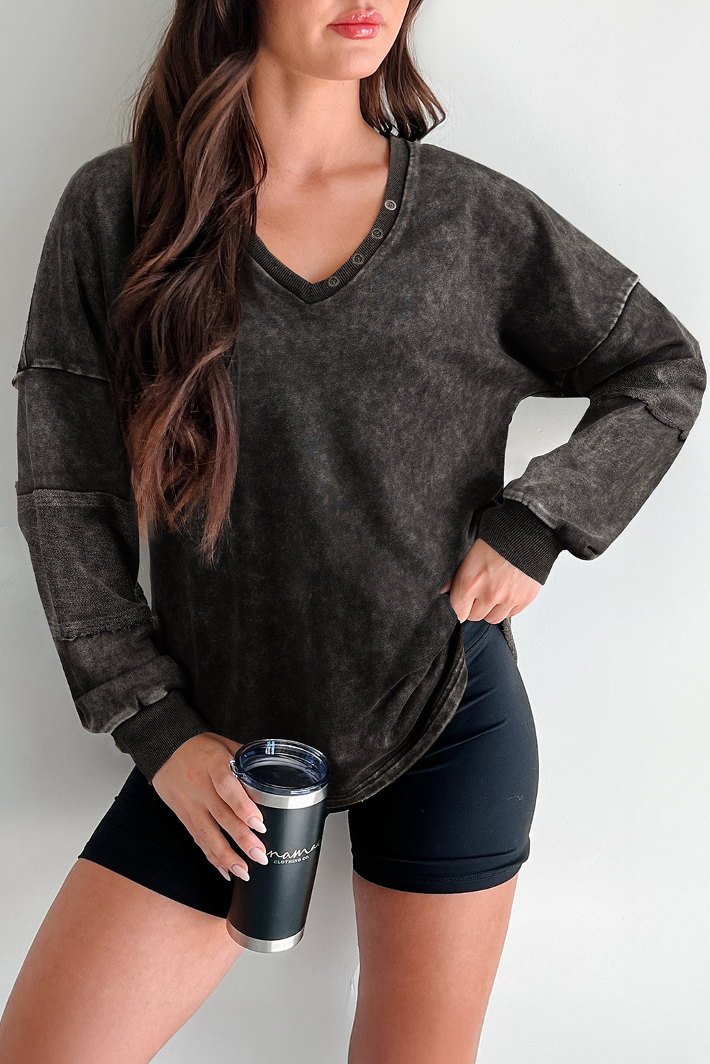 Mist Blue Mineral Wash Exposed Seam Buttoned V Neck Pullover Top - loveforevers