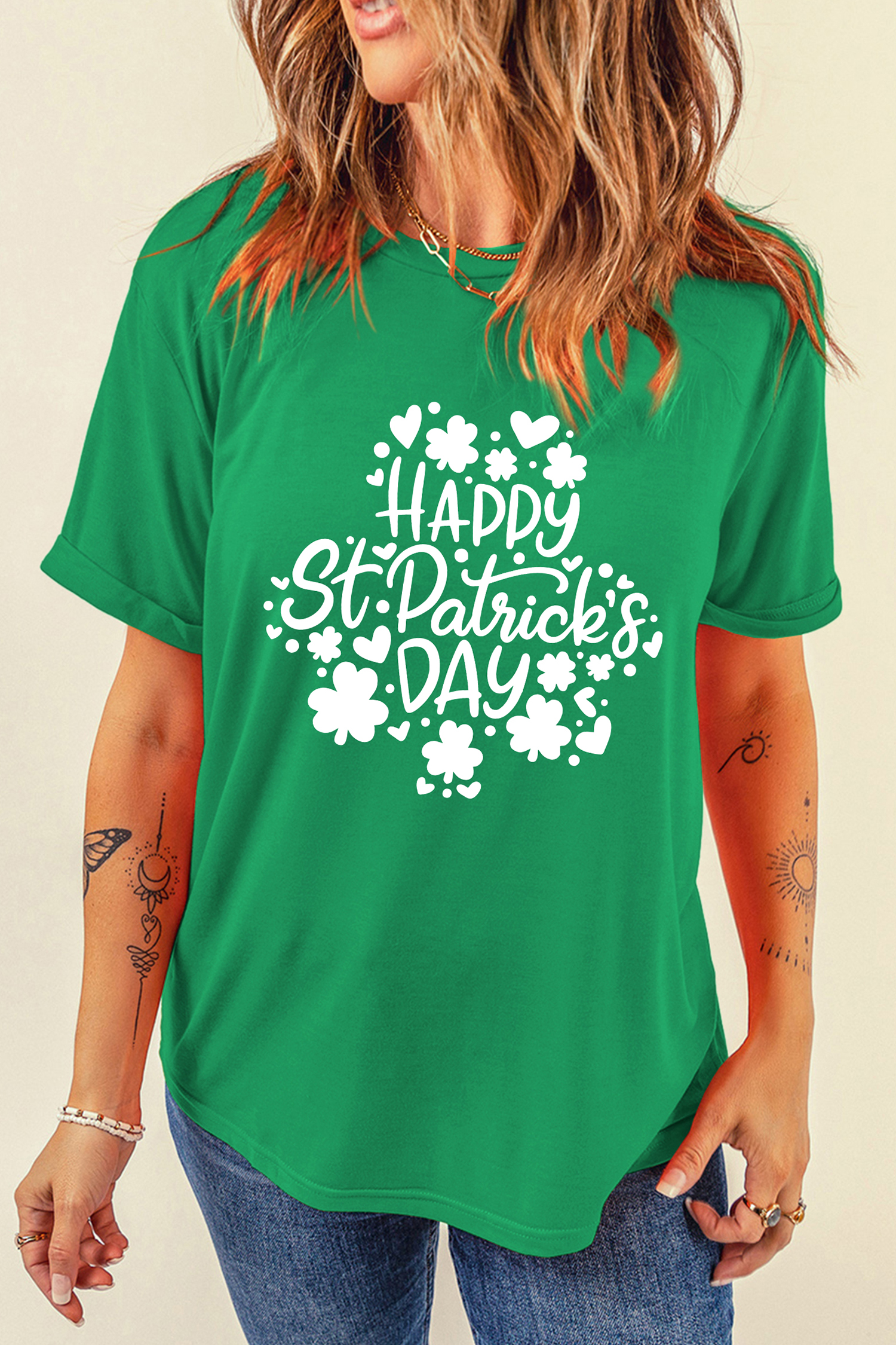 Bright Green Happy St Patricks Day Clover Printed Casual T Shirt - loveforevers