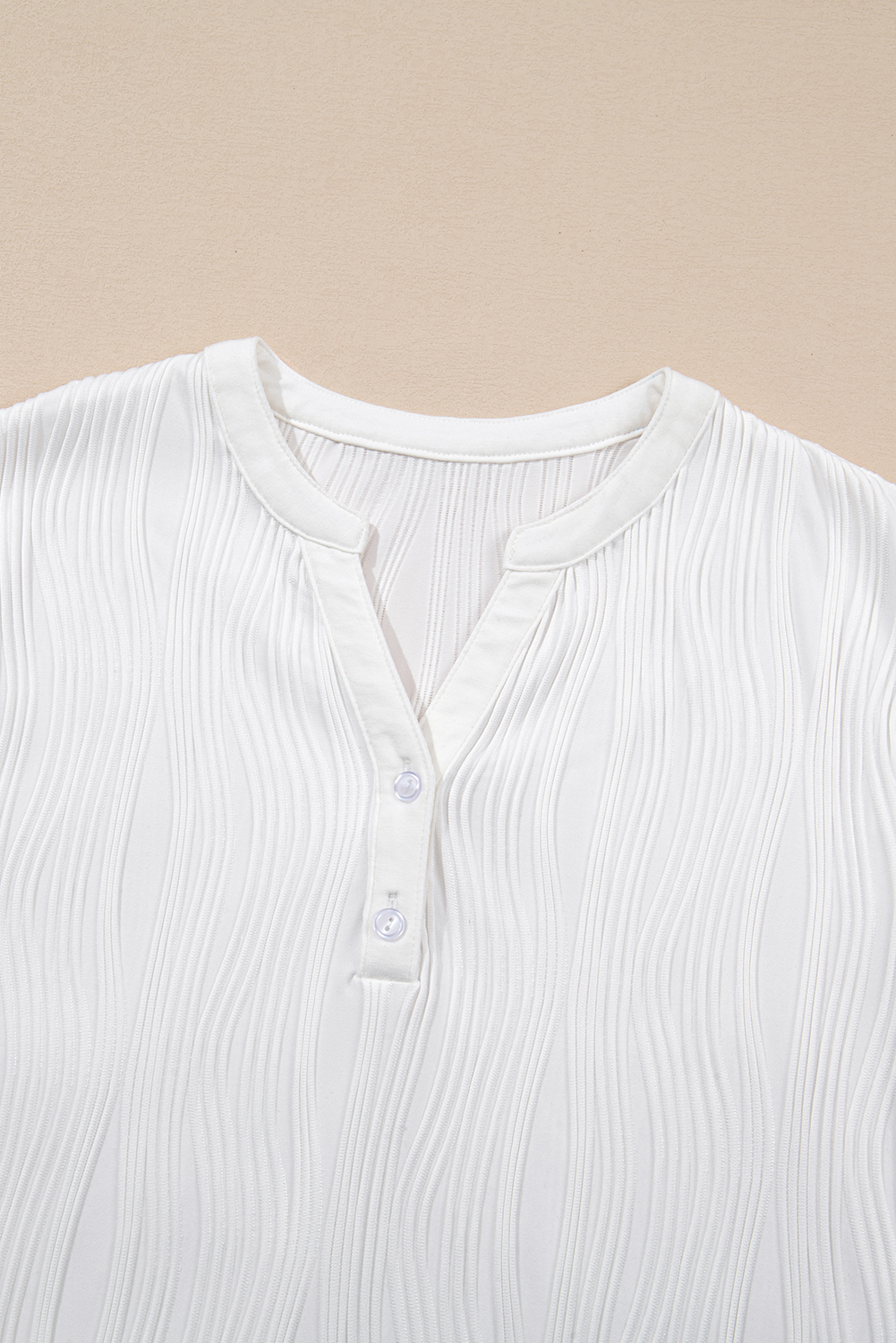 White Wavy Textured Button V Neck Tee - loveforevers