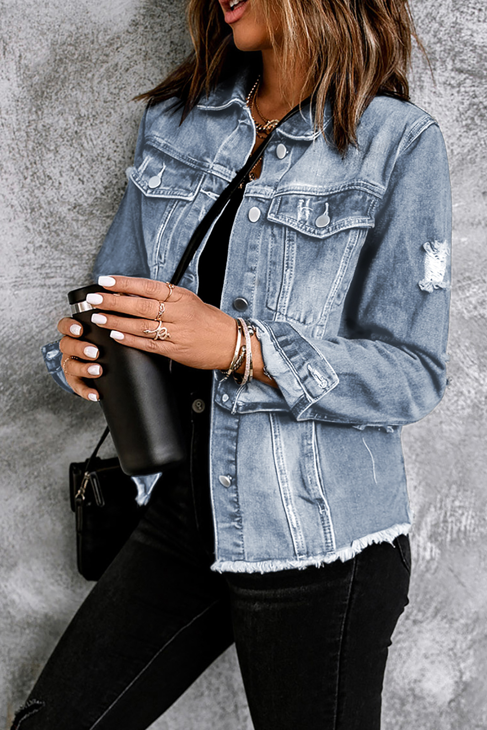 Sky Blue Lapel Distressed Raw Hem Buttons Denim Jacket - loveforevers
