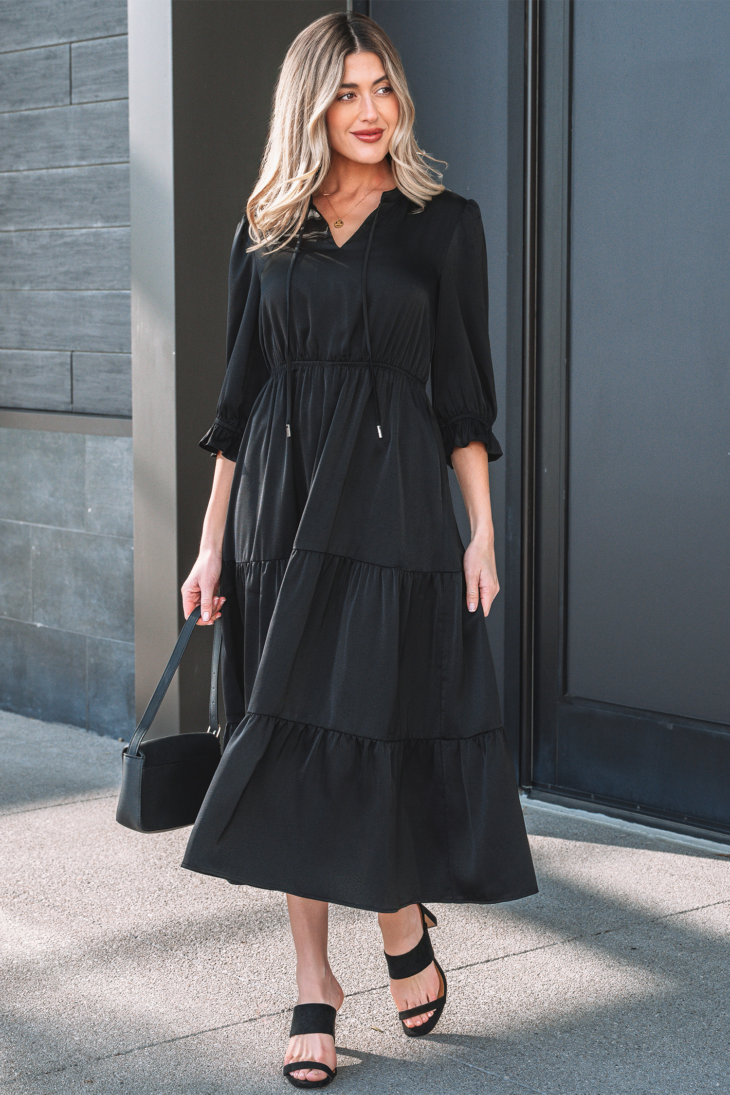 Black Flounced Bracelet Sleeve V Neck Tiered Maxi Dress - loveforevers