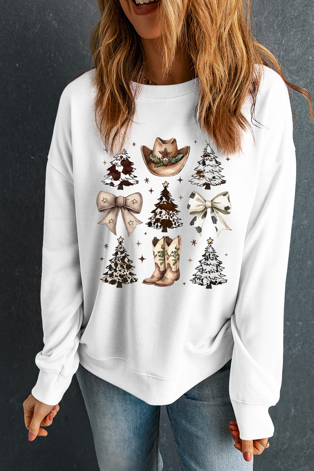 White Cowgirl Bow Christmas Tree Print Drop Shoulder Sweatshirt - loveforevers