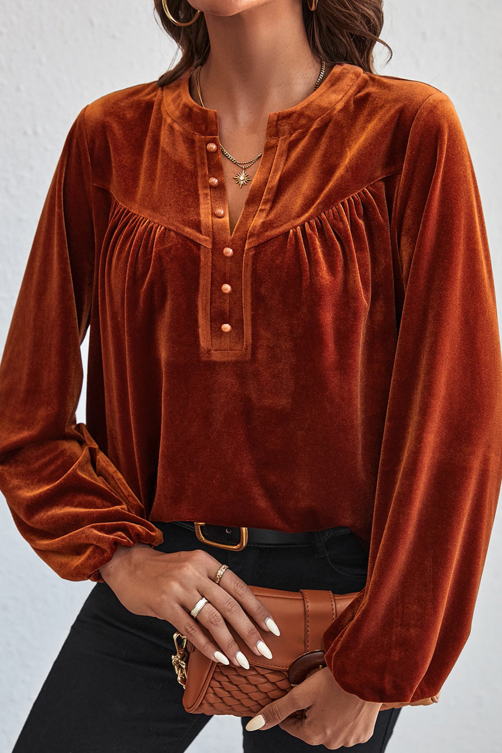 Gold Flame Lantern Sleeve Beaded Split V Neck Velvet Top - loveforevers