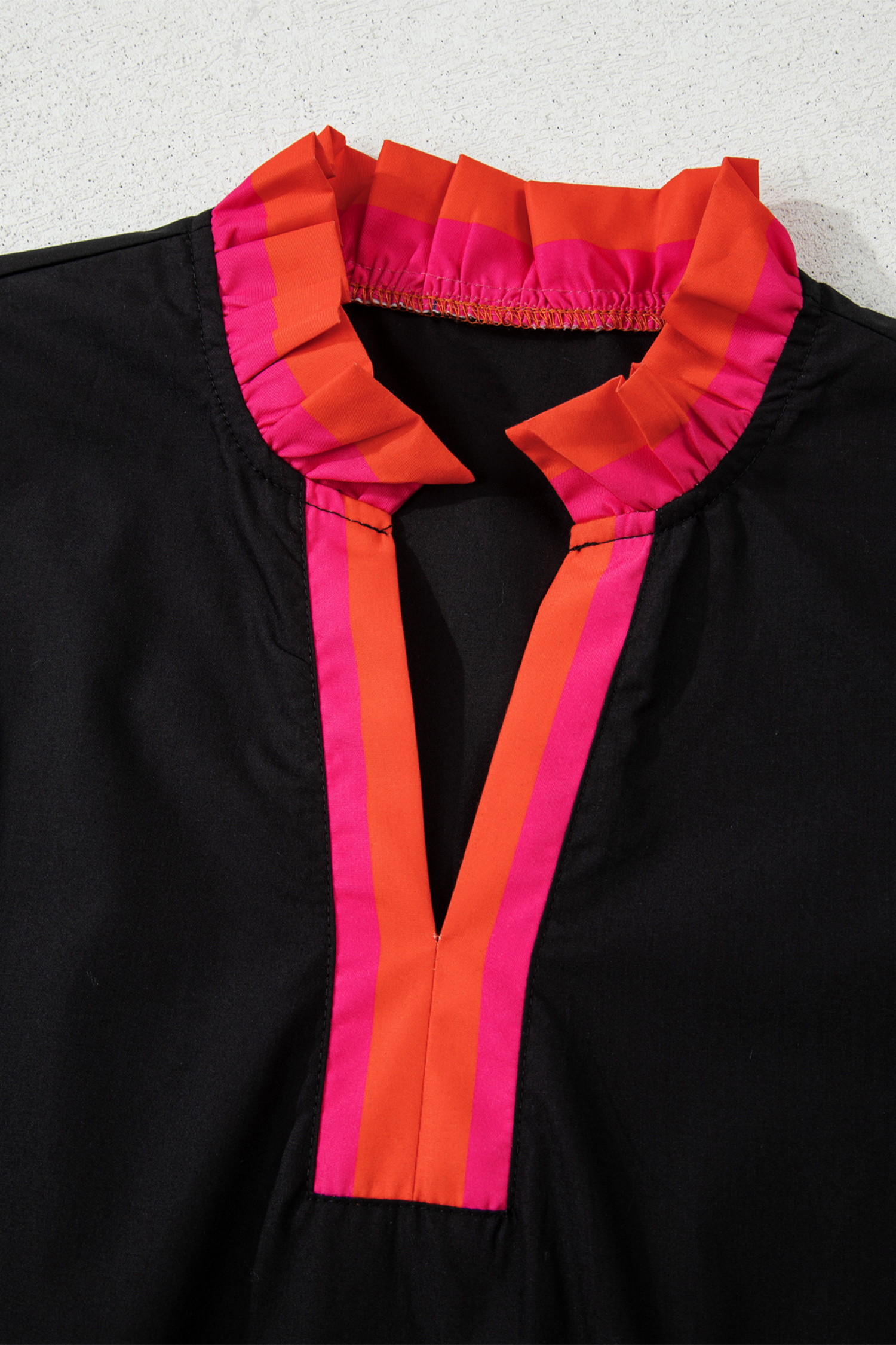 Four Leaf Clover Striped Trim Ruffle Split Neck Long Sleeve Blouse - loveforevers