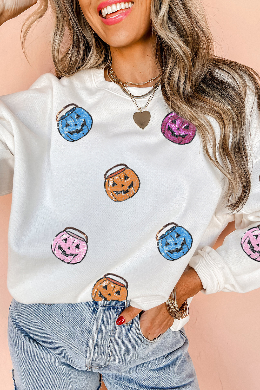White Halloween Pumpkin Lantern Sequin Patched Sweatshirt - loveforevers