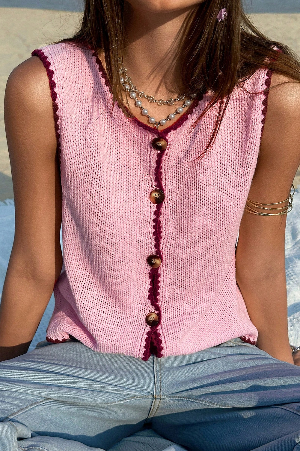 Pink Contrast Trim Buttoned Front Sweater Vest - loveforevers
